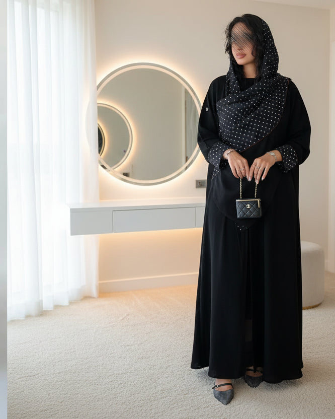 Black Polka Dot Abaya and Hijab Set, product view 1 1